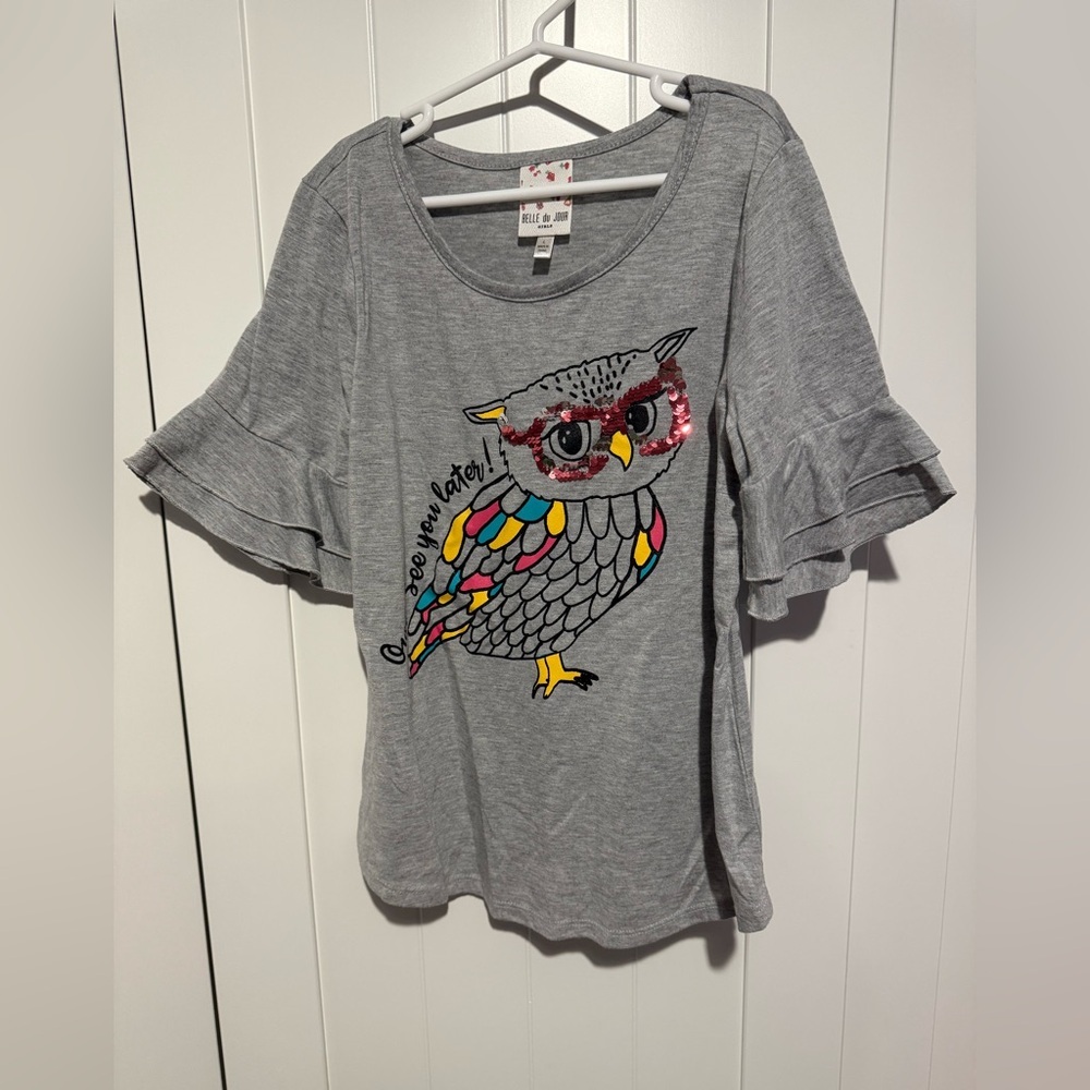 Belle du Jour Girls Gray‎ Owl Graphic Ruffle Sleeve Top Size L